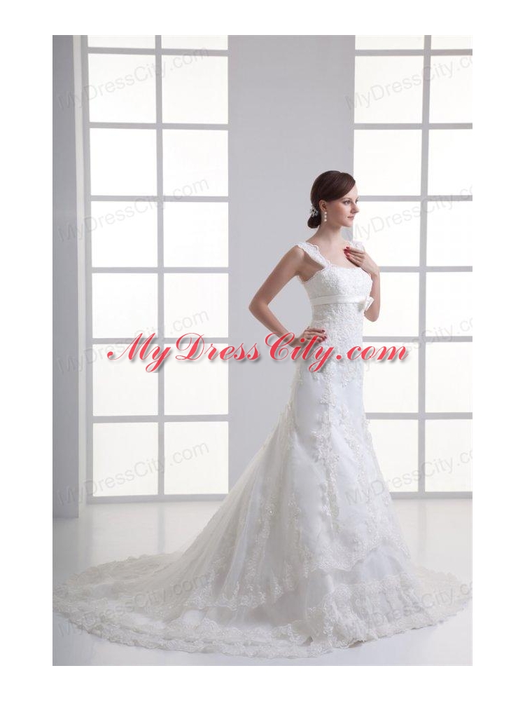 Column Straps Appliques Lace Wedding Dress with Chapel Train