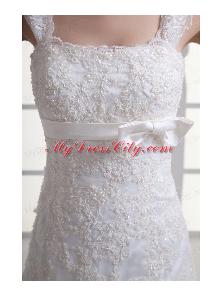 Column Straps Appliques Lace Wedding Dress with Chapel Train