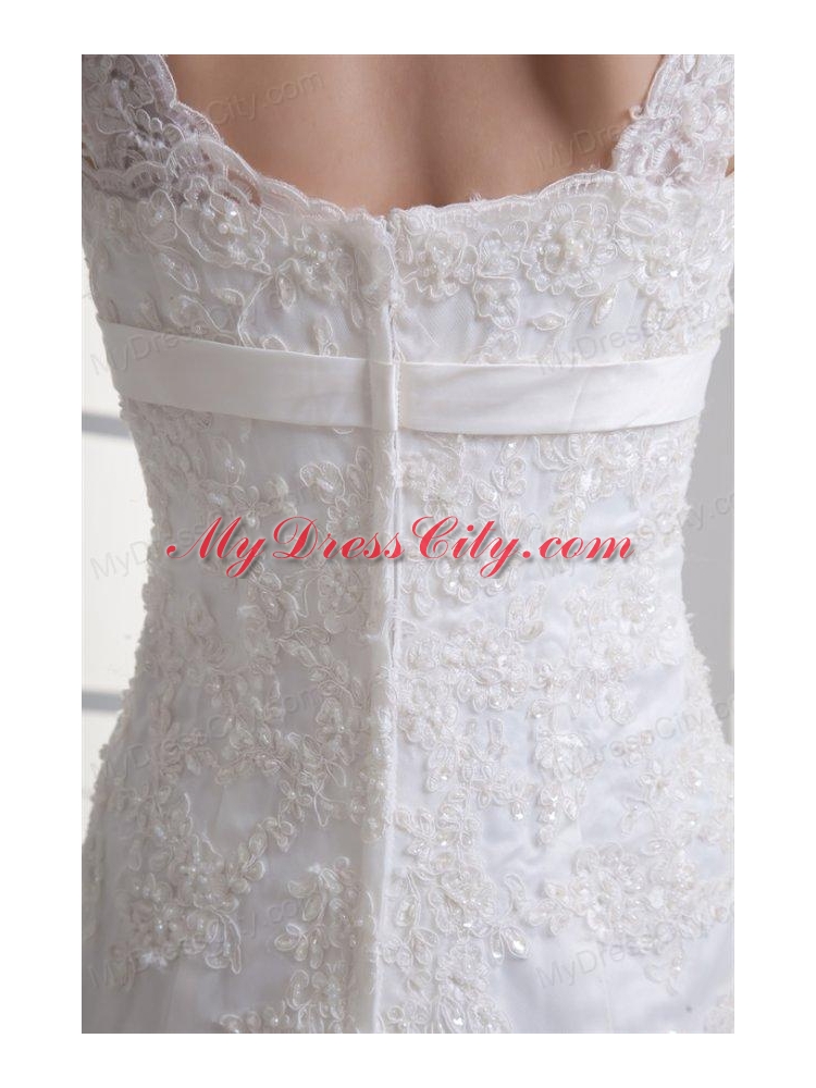 Column Straps Appliques Lace Wedding Dress with Chapel Train