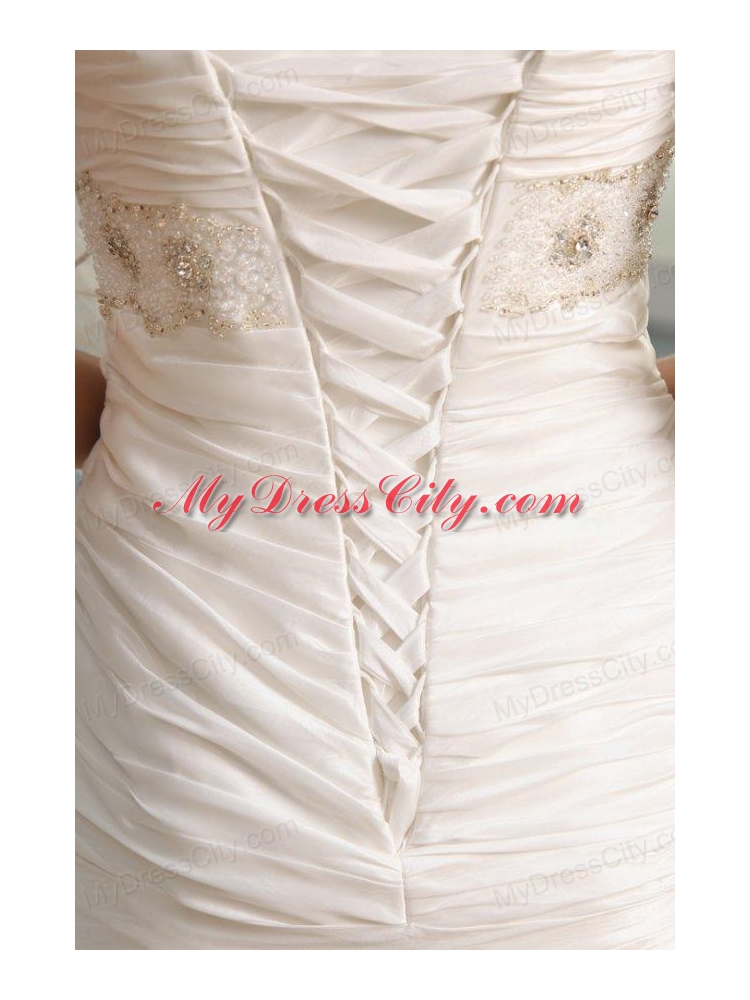 Column Sweetheart Beaded Decorate Taffeta Sweep Train Wedding Dress