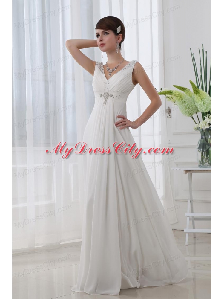 Discount Empire V-neck Floor-length Chiffon White Wedding Dress with Beading