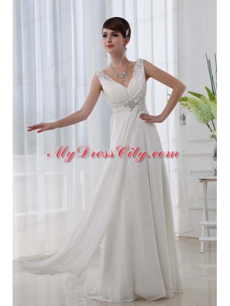 Discount Empire V-neck Floor-length Chiffon White Wedding Dress with Beading