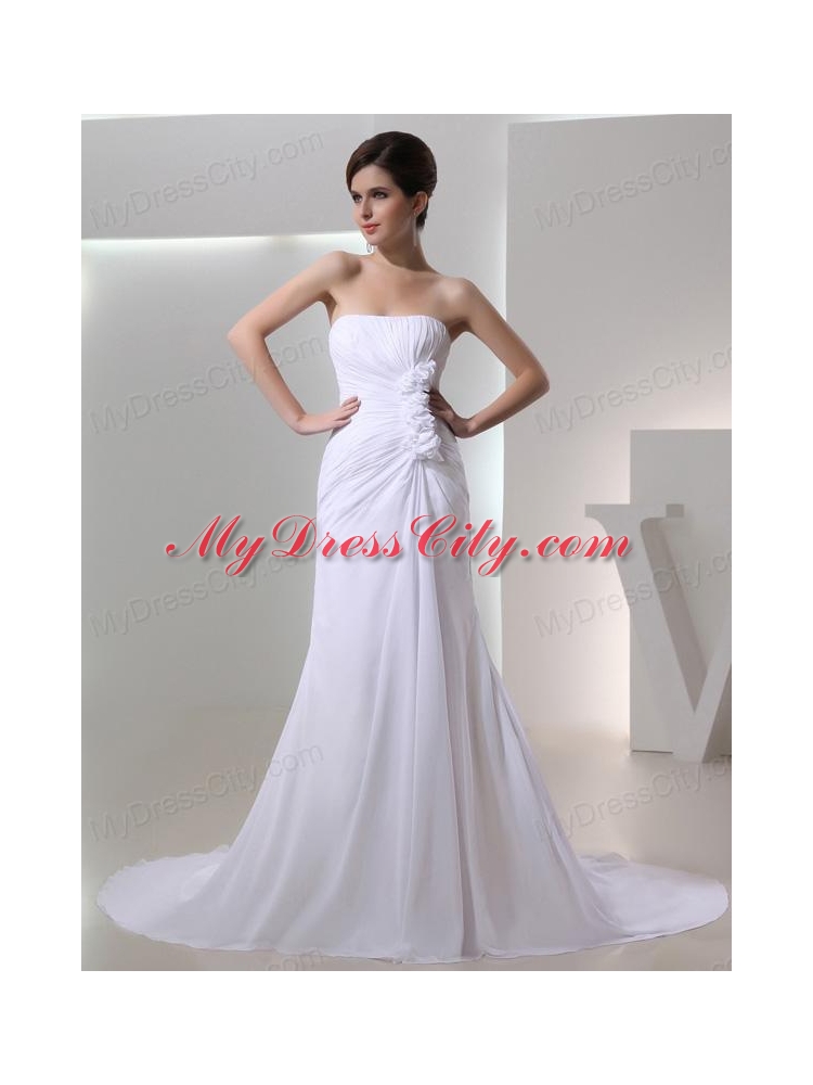 Elegant Column Strapless Court Train Chiffon Ruching White Wedding Dress in 2014