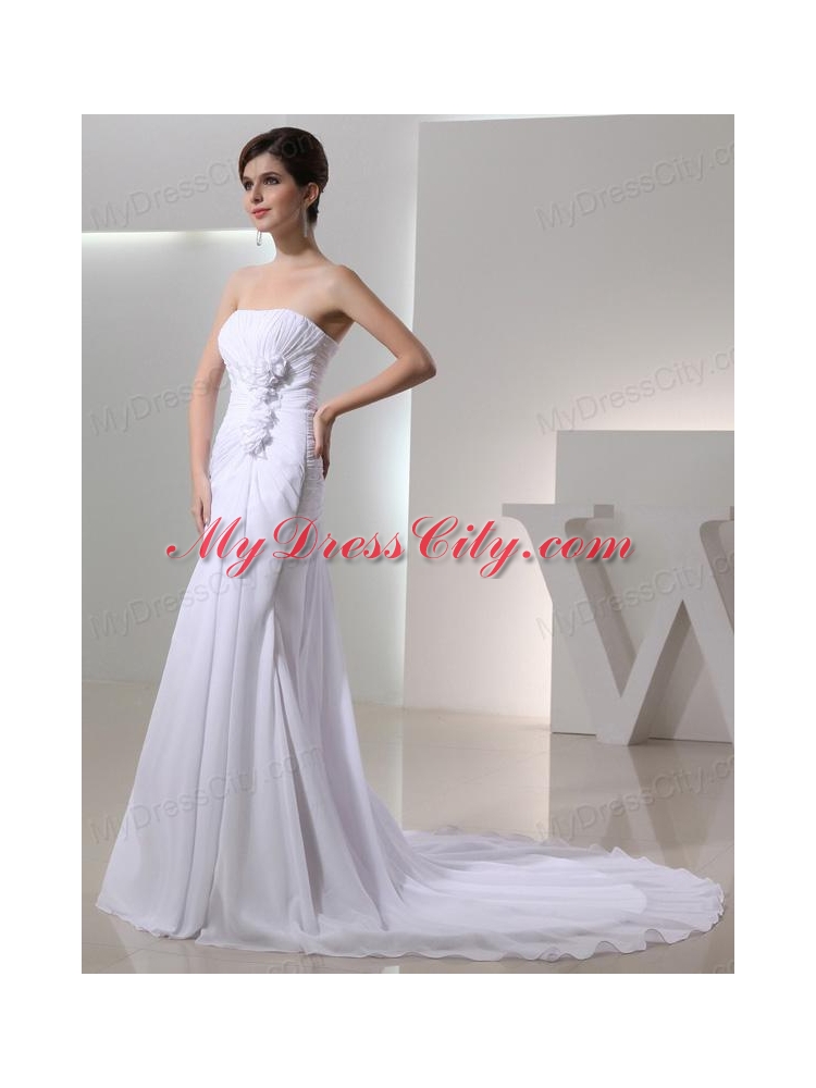 Elegant Column Strapless Court Train Chiffon Ruching White Wedding Dress in 2014