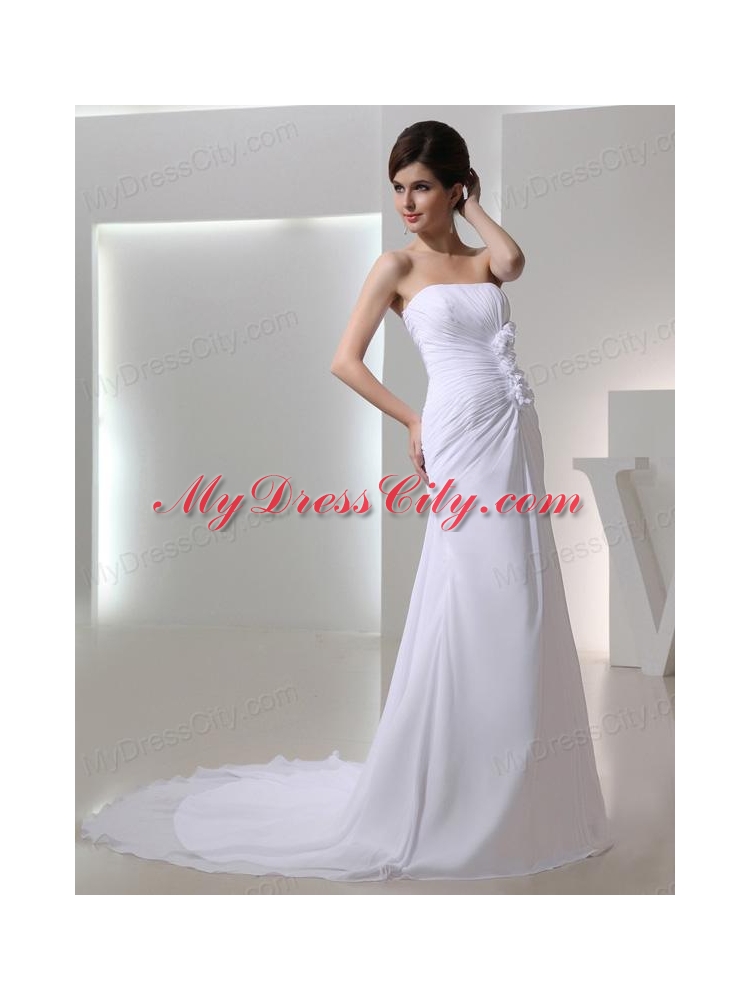 Elegant Column Strapless Court Train Chiffon Ruching White Wedding Dress in 2014