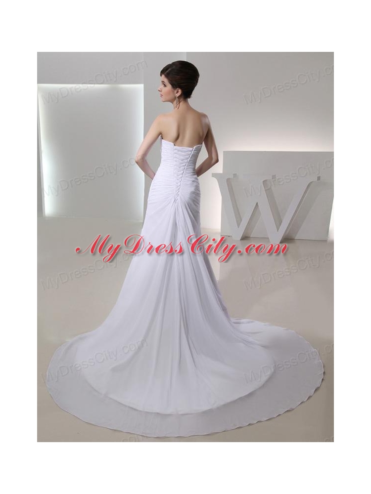 Elegant Column Strapless Court Train Chiffon Ruching White Wedding Dress in 2014