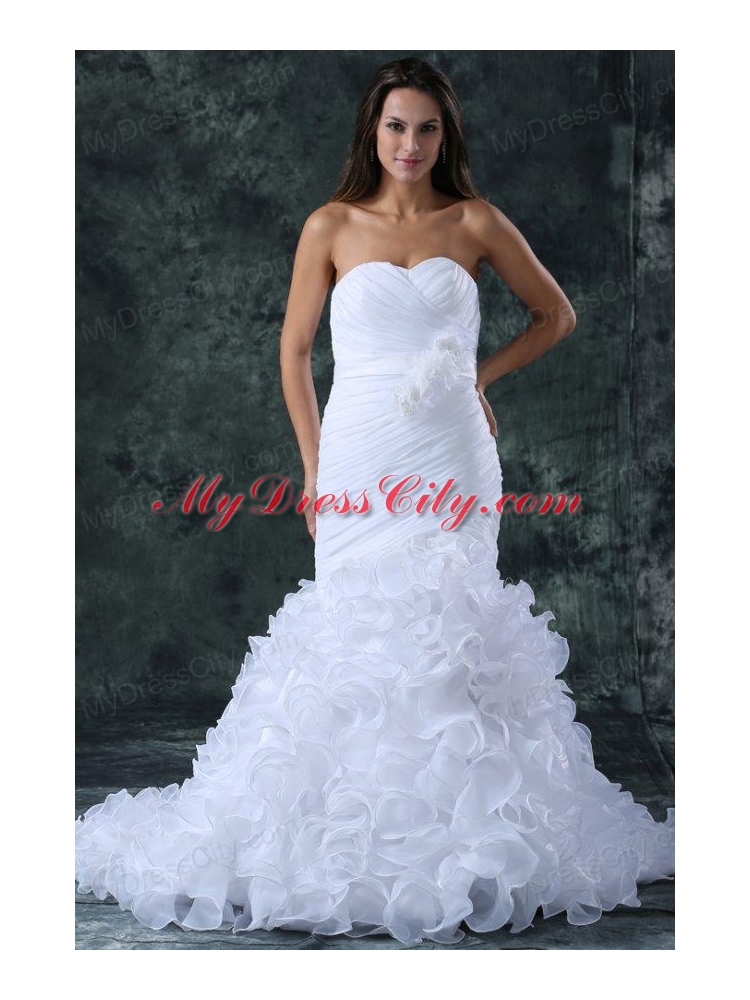 Luxurious Mermaid Sweetheart Brush Train Organza Ruching Wedding Dress