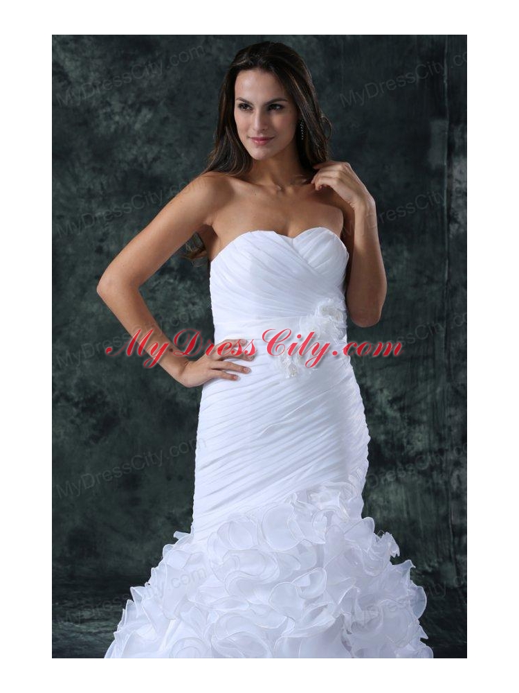 Luxurious Mermaid Sweetheart Brush Train Organza Ruching Wedding Dress