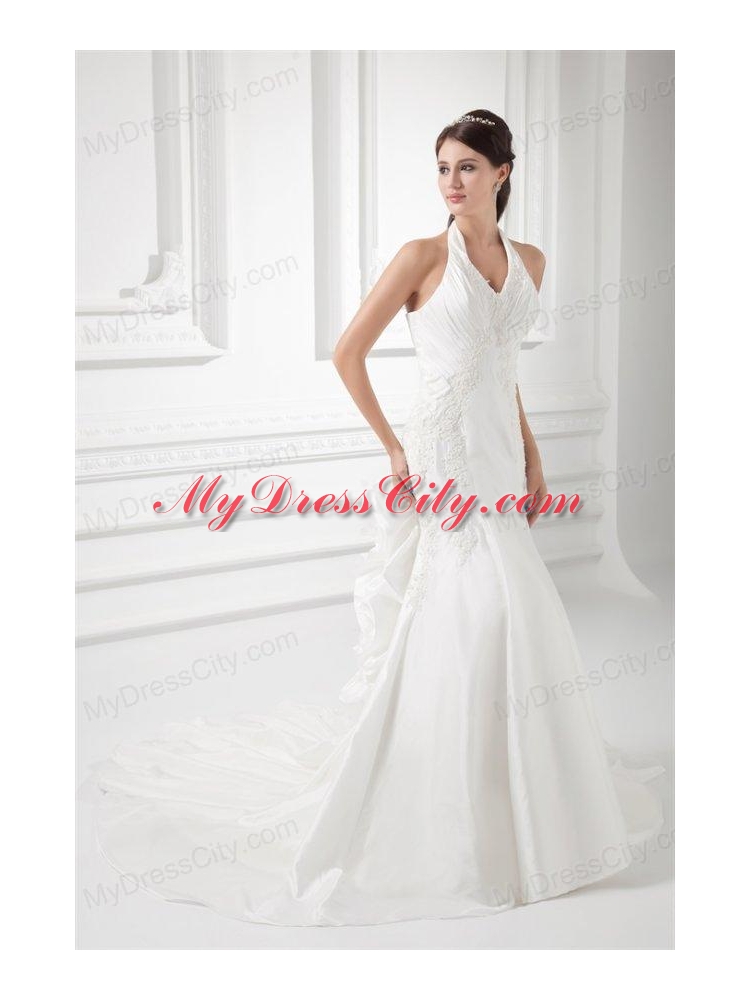 Mermaid Halter Top Appliques Ruching Satin  Wedding Dress