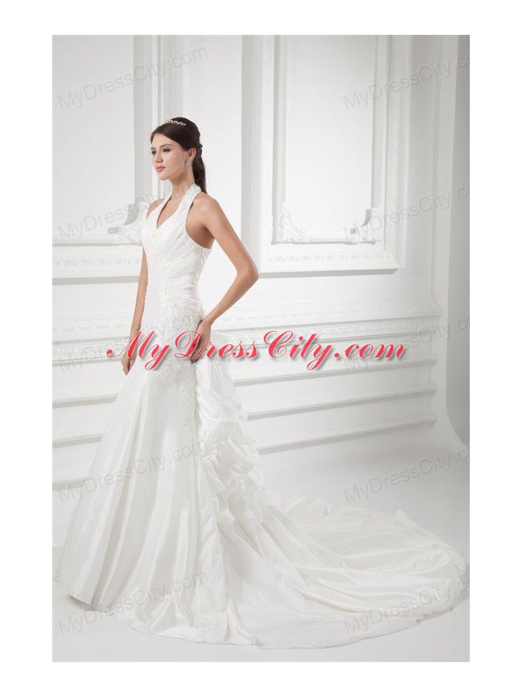 Mermaid Halter Top Appliques Ruching Satin  Wedding Dress