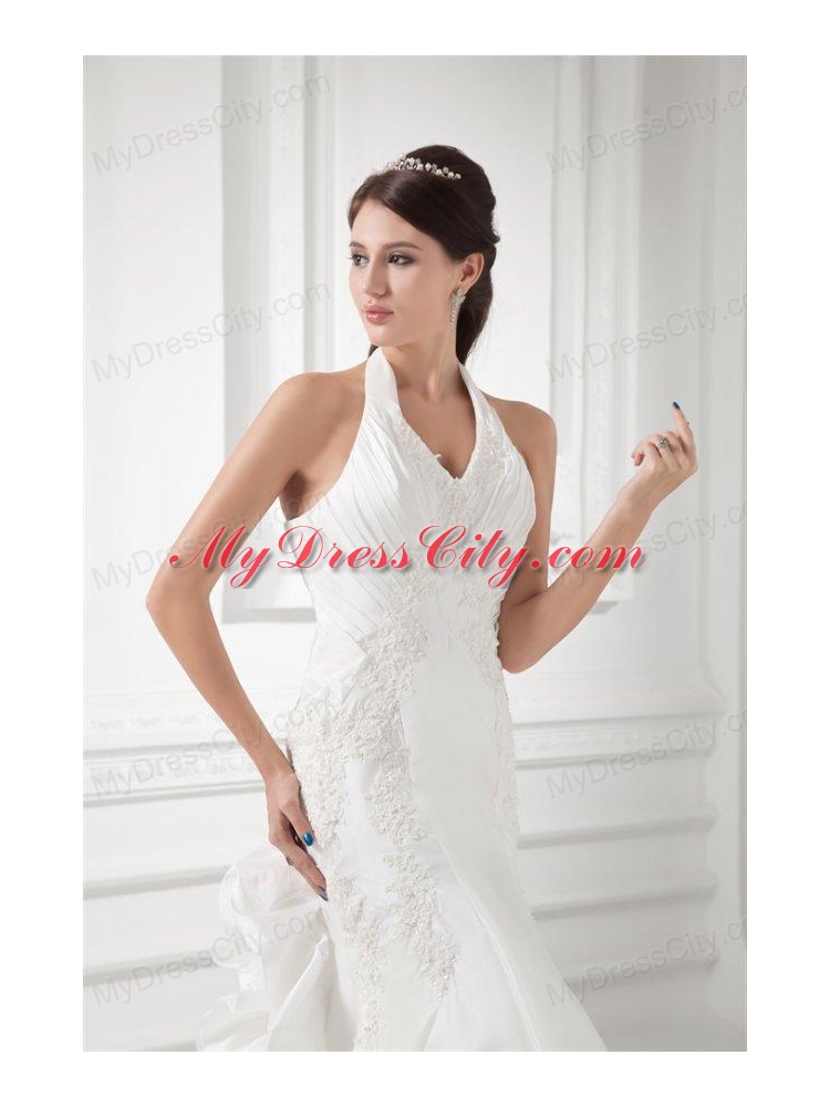 Mermaid Halter Top Appliques Ruching Satin  Wedding Dress