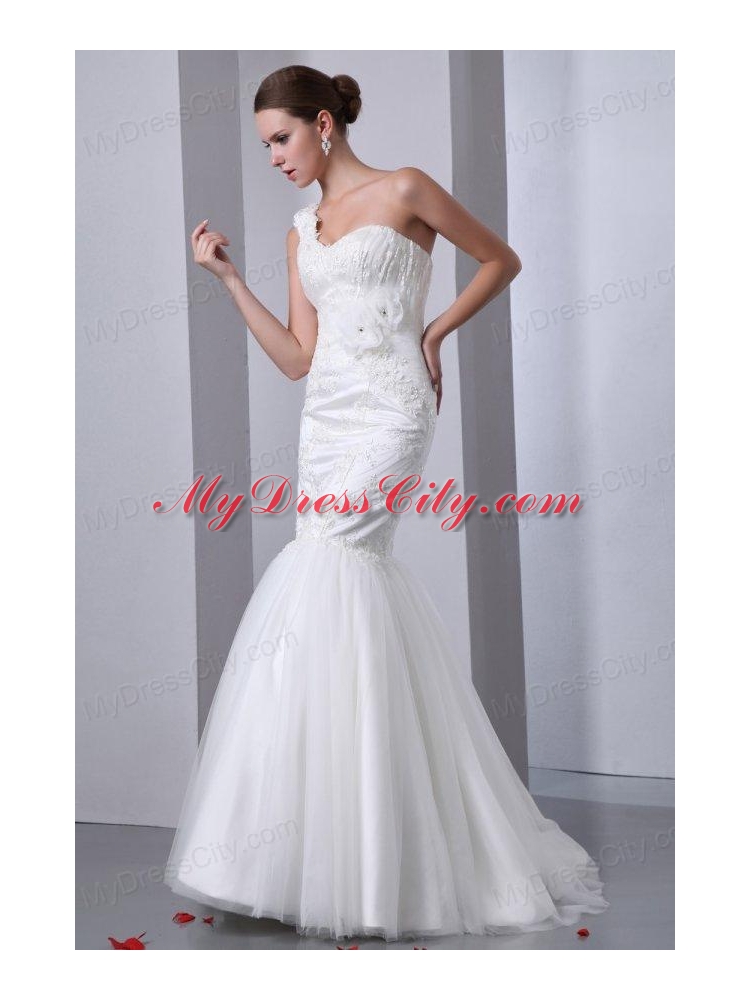 Mermaid One Shoulder Appliques Brush Train Lace Up Tulle Wedding Dress