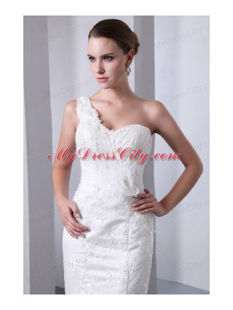 Mermaid One Shoulder Appliques Brush Train Lace Up Tulle Wedding Dress