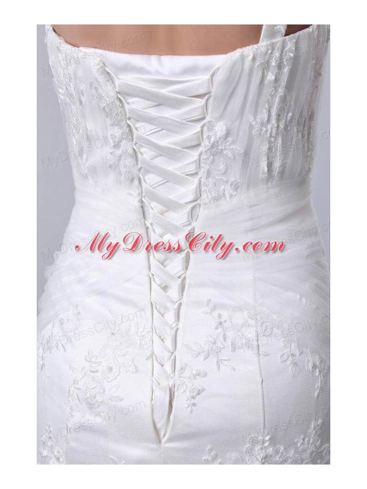 Mermaid One Shoulder Appliques Brush Train Lace Up Tulle Wedding Dress