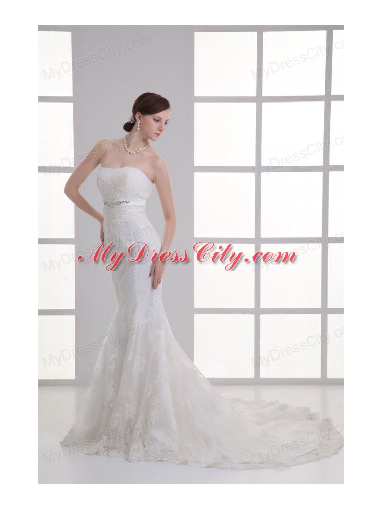 Mermaid Strapless Beading Lace Court Train Wedding Dress