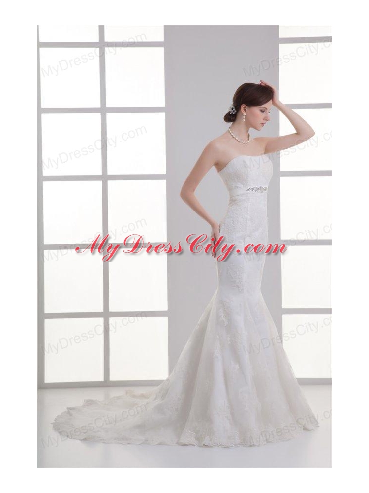 Mermaid Strapless Beading Lace Court Train Wedding Dress