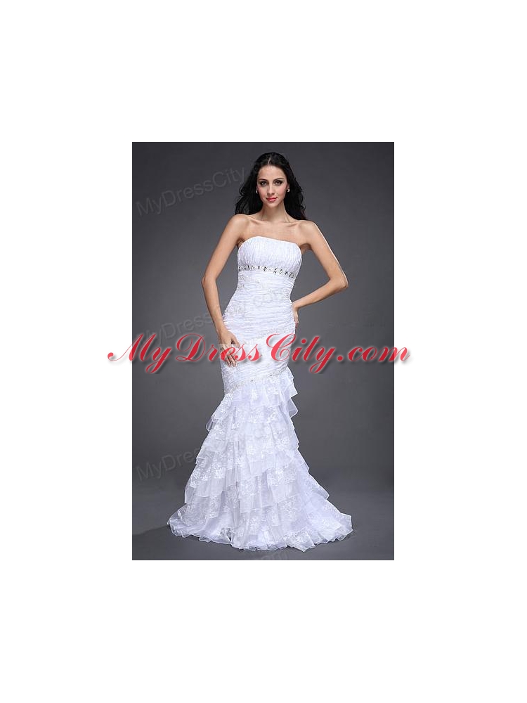 Mermaid Strapless Side Zipper Beading and Ruching Wedding Dress