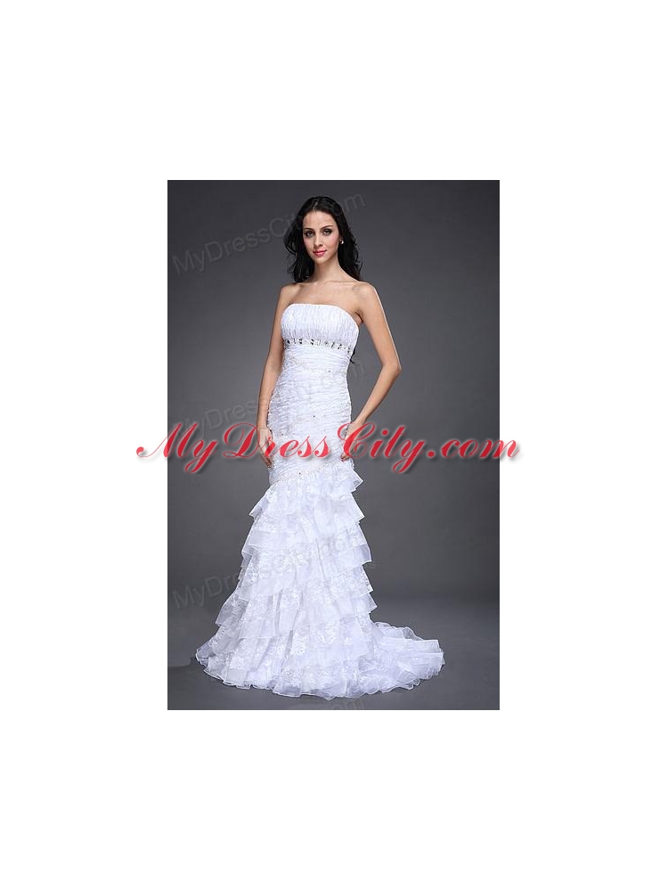 Mermaid Strapless Side Zipper Beading and Ruching Wedding Dress