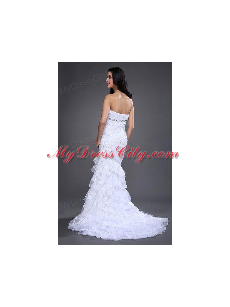 Mermaid Strapless Side Zipper Beading and Ruching Wedding Dress