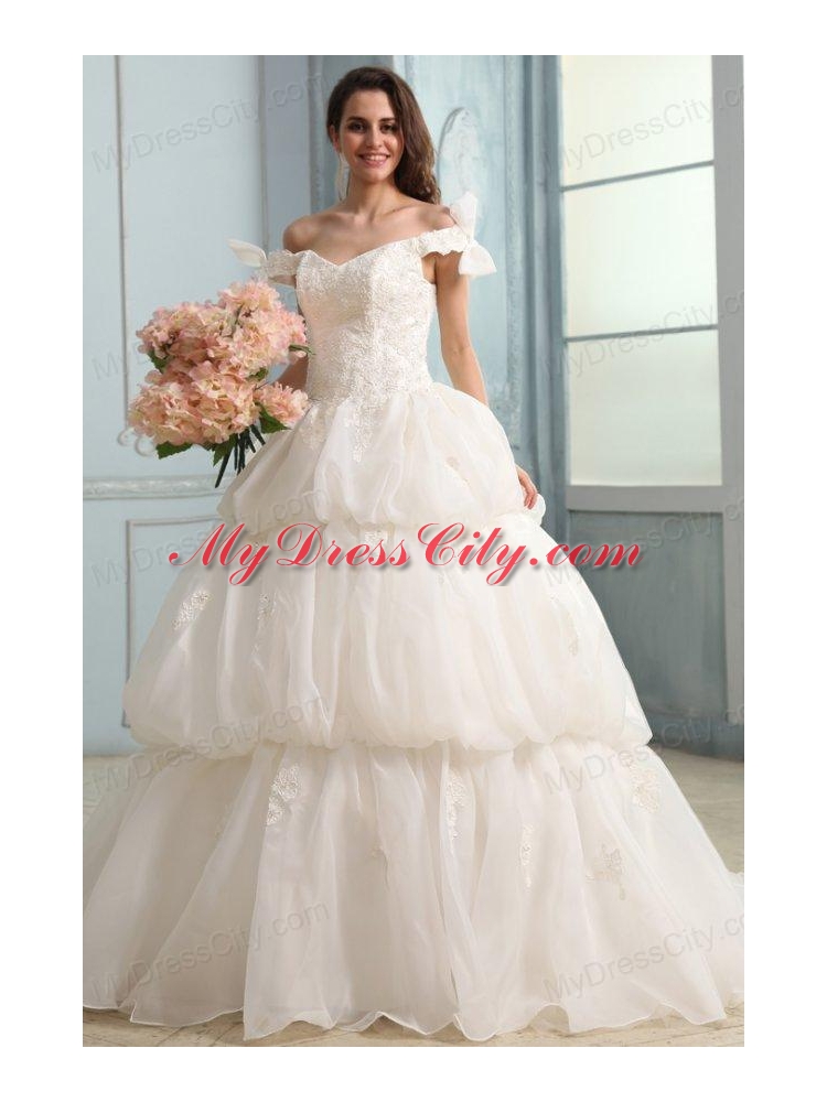 Off The Shoulder A-line Appliques and Pick-ups Organza Wedding Dress