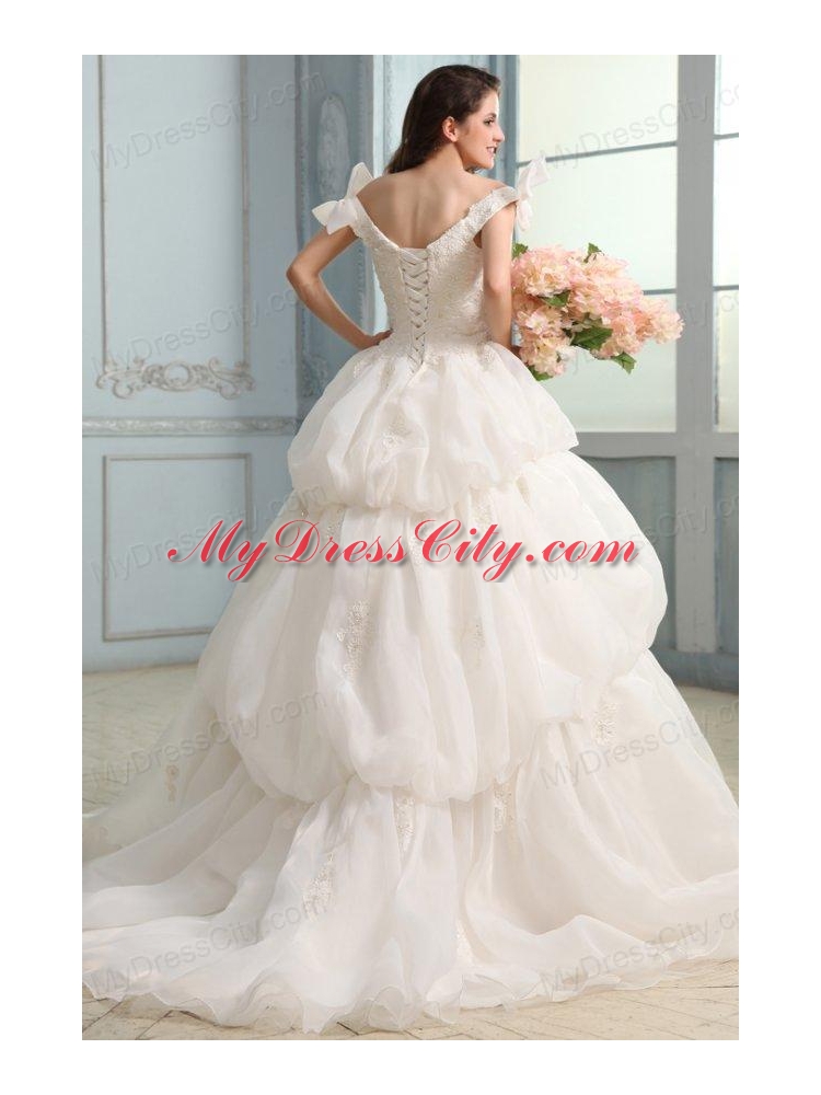 Off The Shoulder A-line Appliques and Pick-ups Organza Wedding Dress