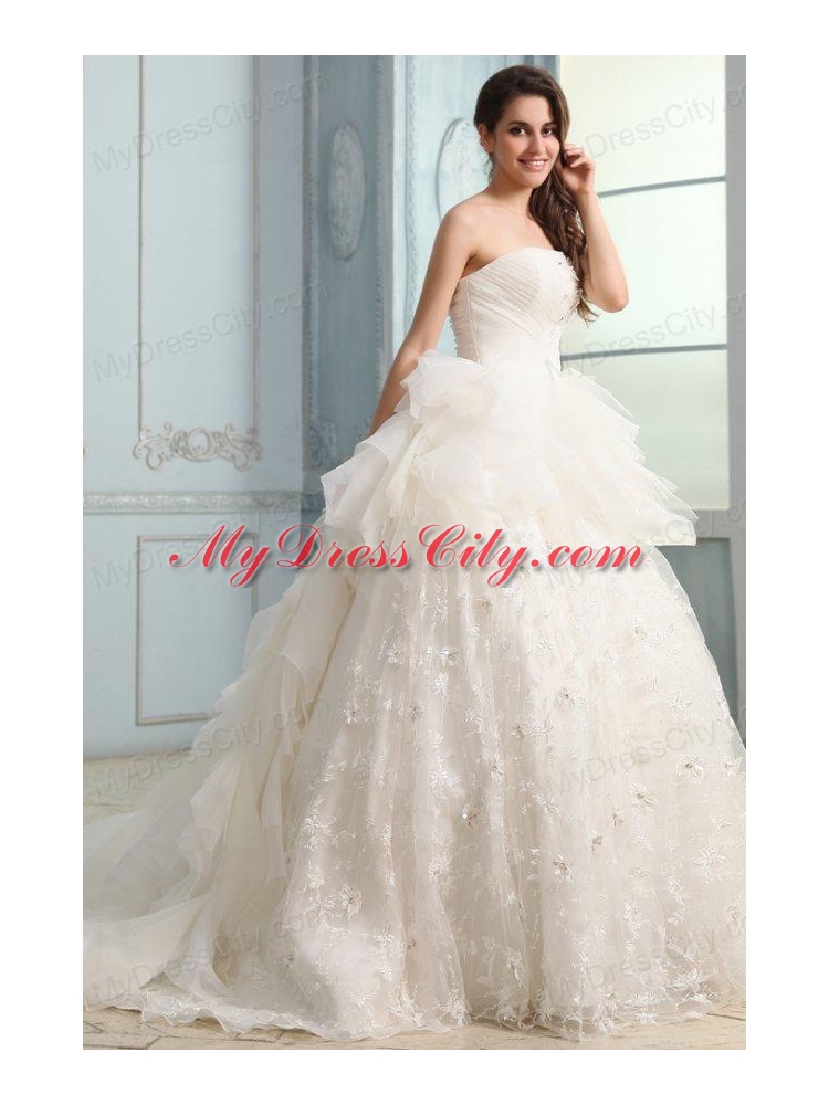 One Shoulder Ball Gown Beading and Appliques Organza Wedding Dress