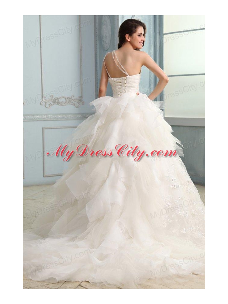 One Shoulder Ball Gown Beading and Appliques Organza Wedding Dress