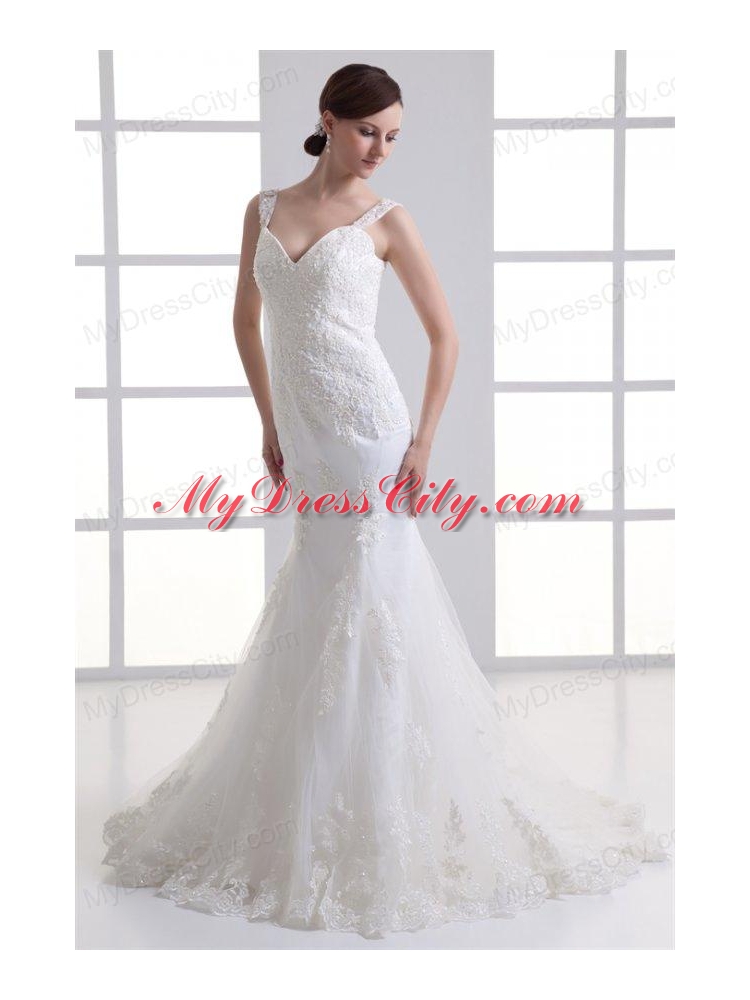 Popular Mermaid Straps Appliques Zipper Up Organza Wedding Dress with