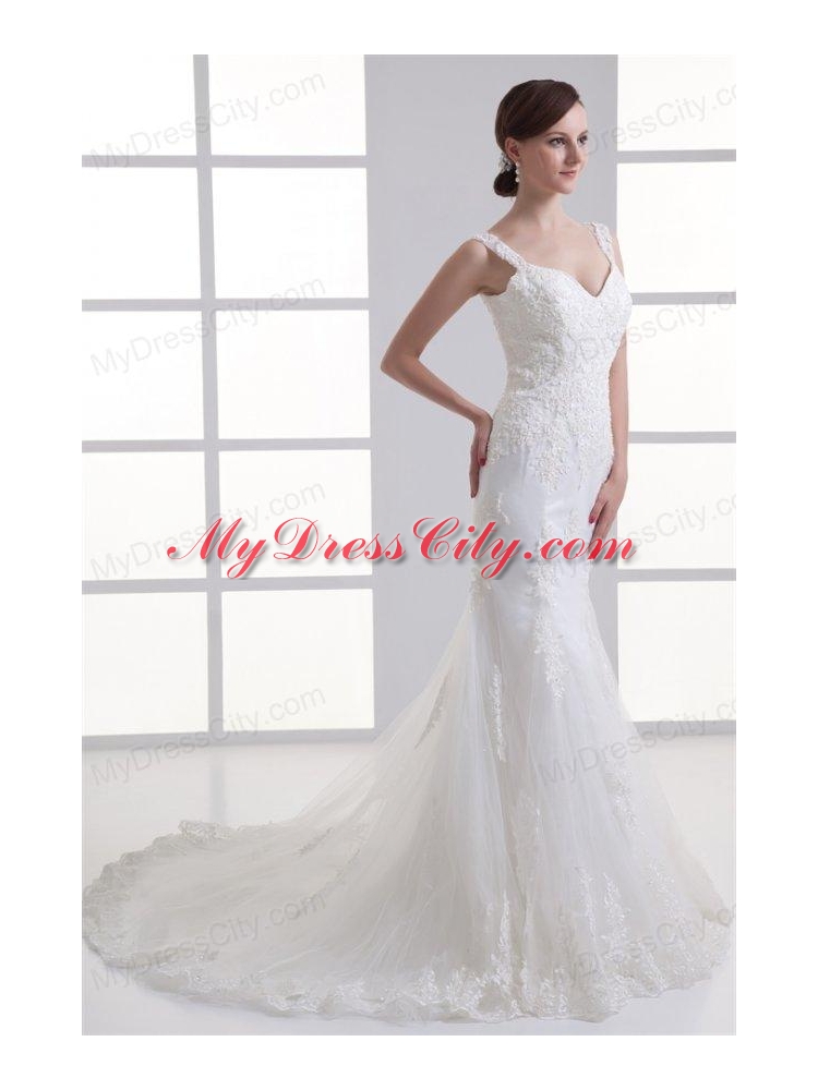 Popular Mermaid Straps Appliques Zipper Up Organza Wedding Dress with