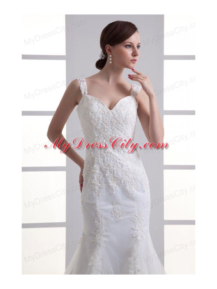 Popular Mermaid Straps Appliques Zipper Up Organza Wedding Dress with