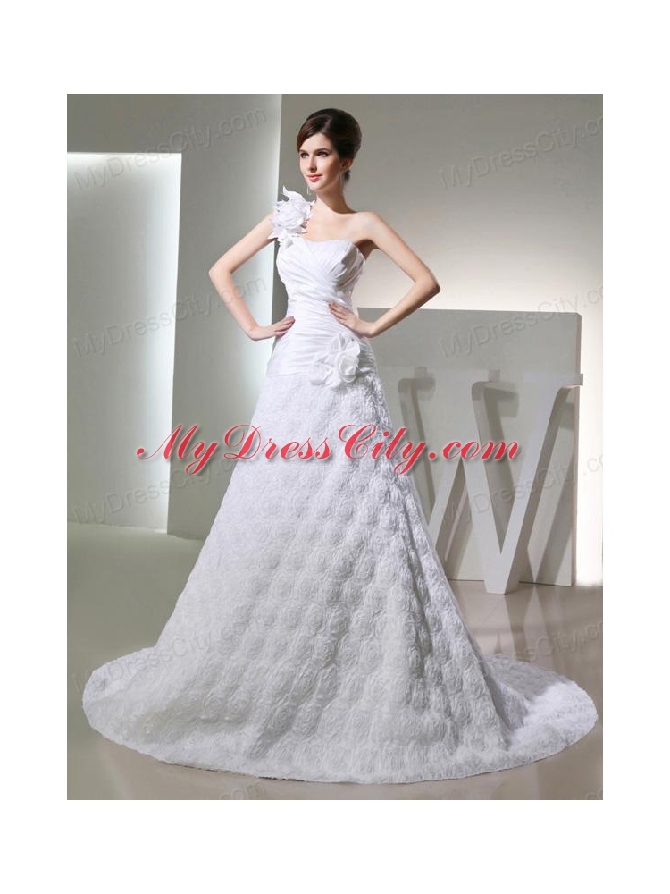 Popular Princses One Shoulder Ruching Fabric With Rolling Flower Wedding  Dress