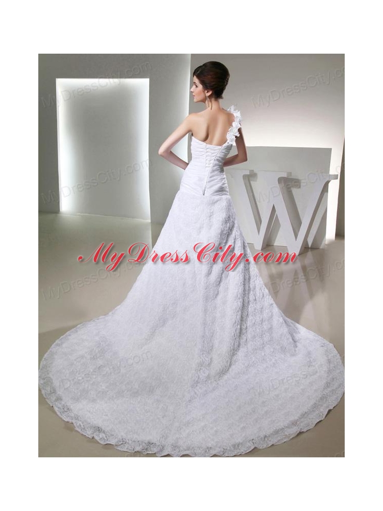 Popular Princses One Shoulder Ruching Fabric With Rolling Flower Wedding  Dress