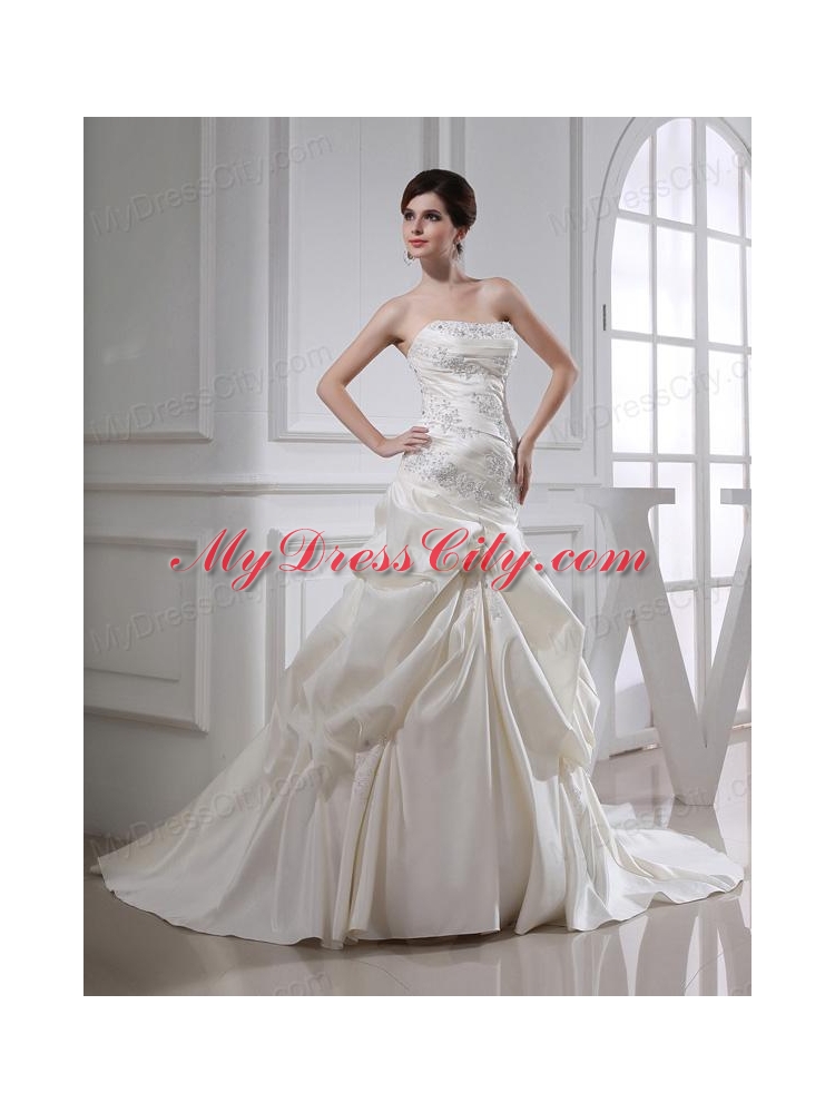 Puffy Strapless Appliques and Pick-ups Wedding Dress with Court Train