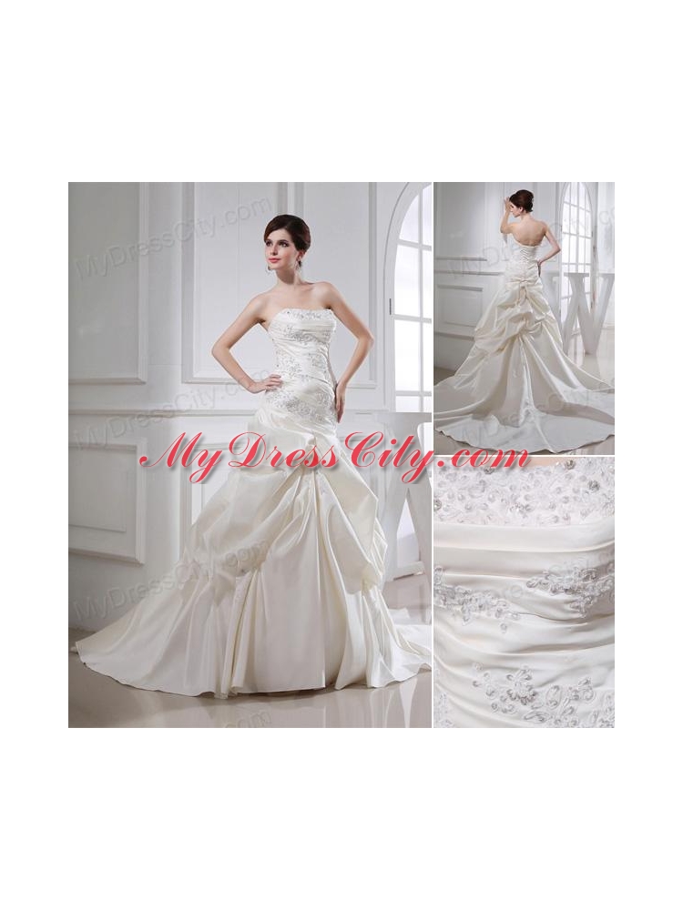 Puffy Strapless Appliques and Pick-ups Wedding Dress with Court Train