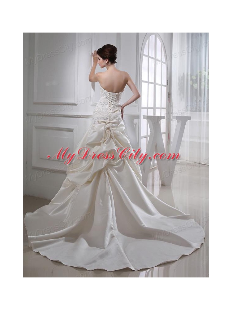 Puffy Strapless Appliques and Pick-ups Wedding Dress with Court Train