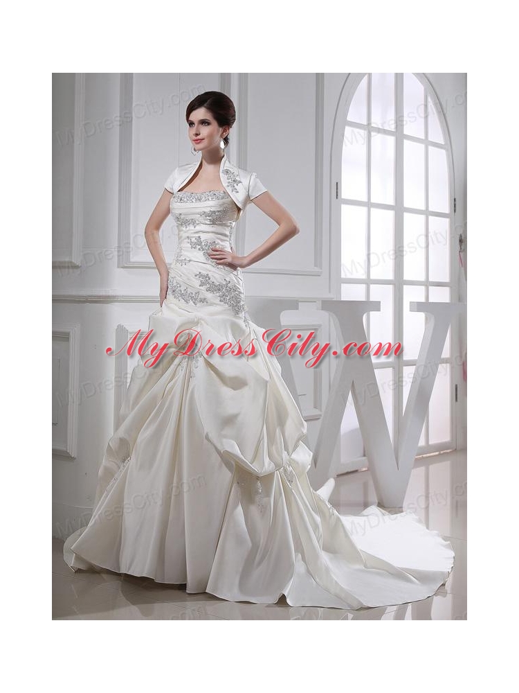 Puffy Strapless Appliques and Pick-ups Wedding Dress with Court Train