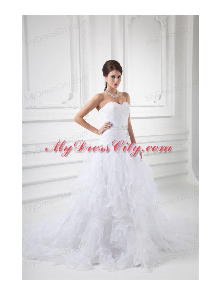 Romantic A-line Sweetheart Court Train Wedding Dress with Beading and Ruffles