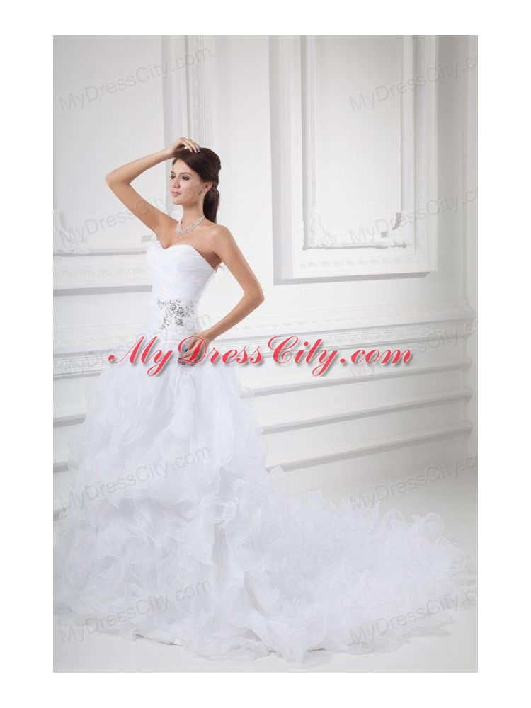 Romantic A-line Sweetheart Court Train Wedding Dress with Beading and Ruffles