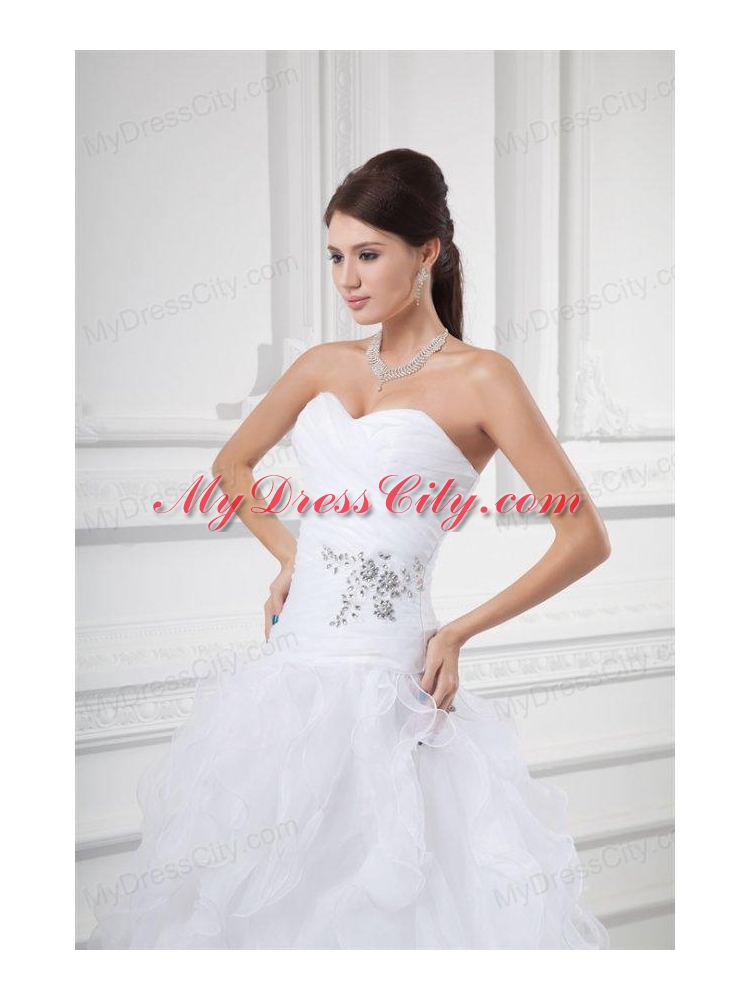 Romantic A-line Sweetheart Court Train Wedding Dress with Beading and Ruffles