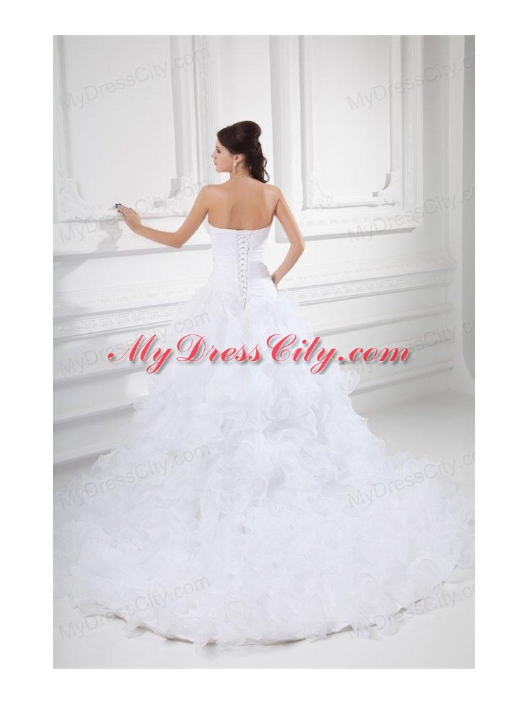 Romantic A-line Sweetheart Court Train Wedding Dress with Beading and Ruffles