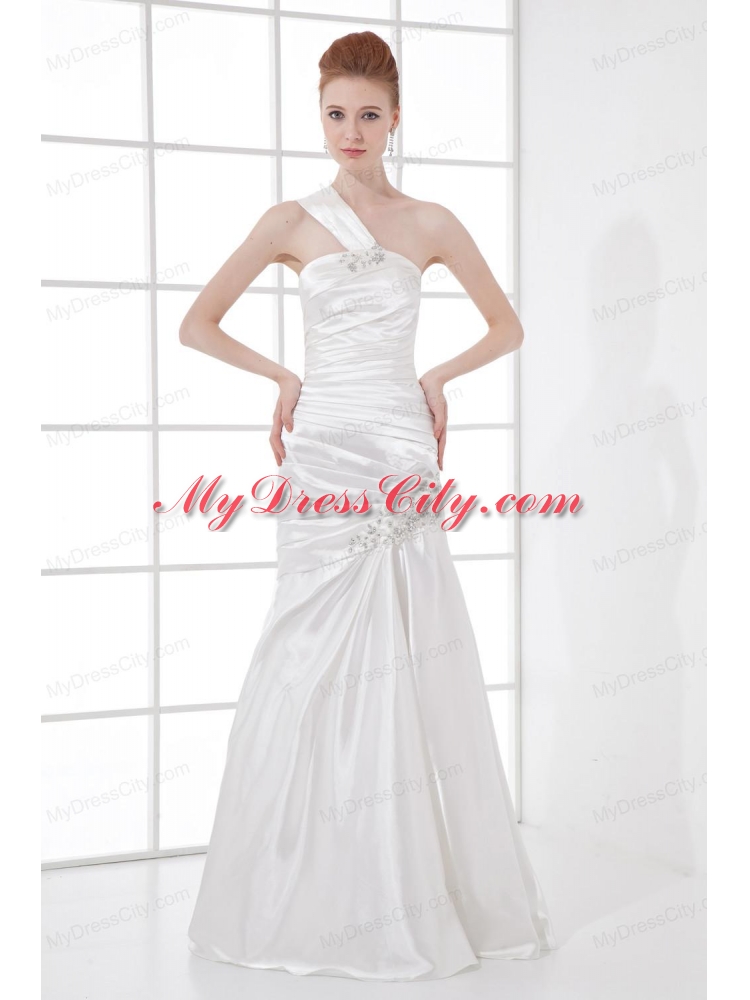 Simple Column One Shoulder Taffeta Ruching Beading White Wedding Dress