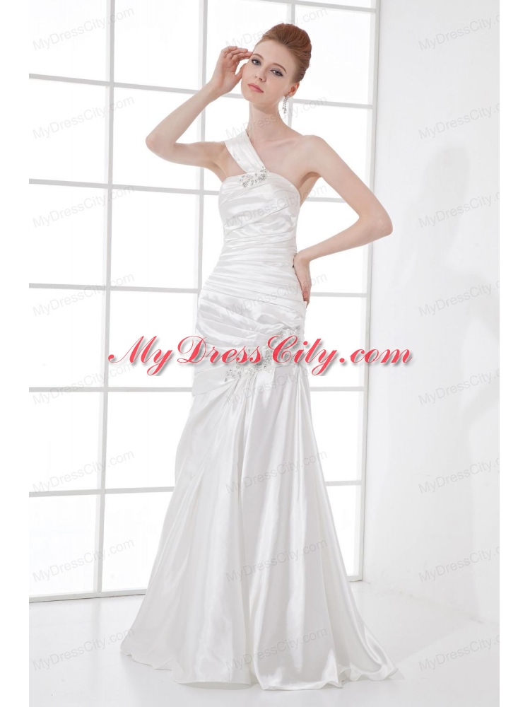 Simple Column One Shoulder Taffeta Ruching Beading White Wedding Dress