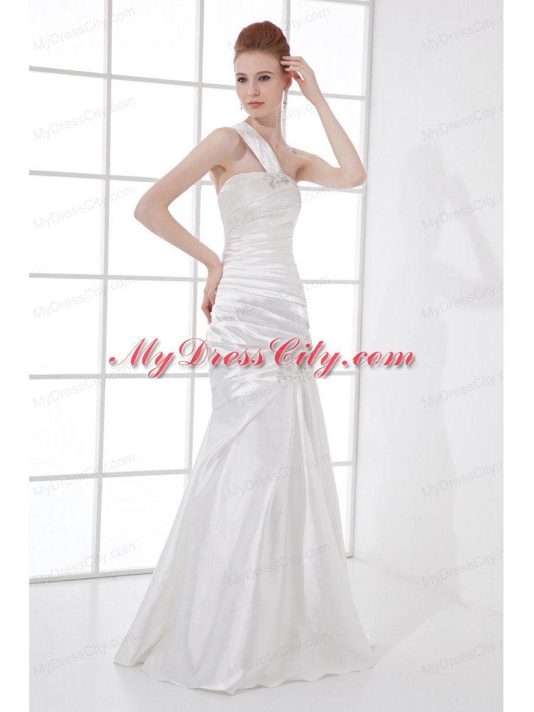 Simple Column One Shoulder Taffeta Ruching Beading White Wedding Dress