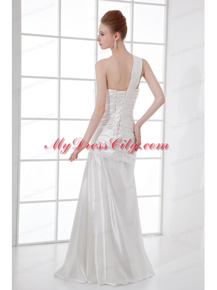 Simple Column One Shoulder Taffeta Ruching Beading White Wedding Dress