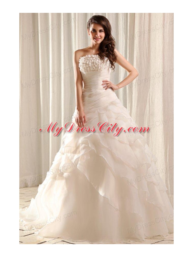 Strapless A-line Hand Made Flowers Sweep Train Wedding Dress