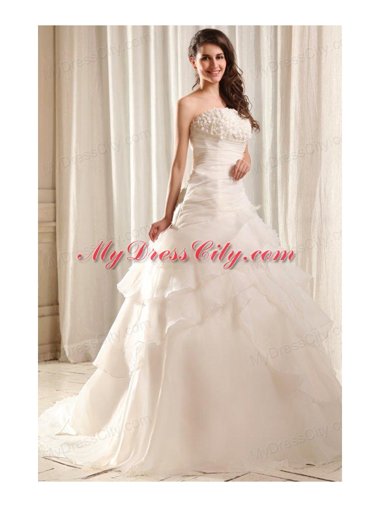 Strapless A-line Hand Made Flowers Sweep Train Wedding Dress