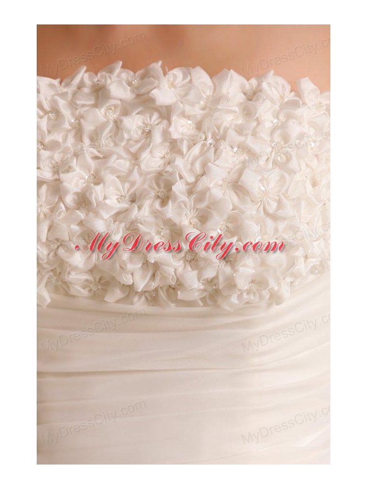 Strapless A-line Hand Made Flowers Sweep Train Wedding Dress