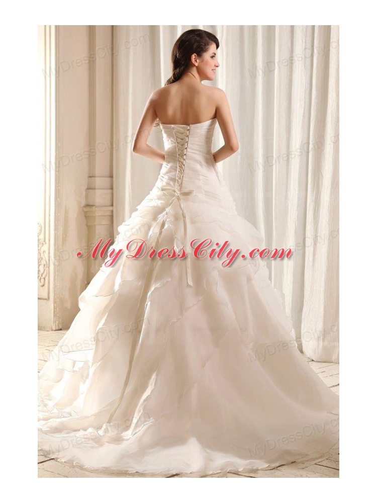 Strapless A-line Hand Made Flowers Sweep Train Wedding Dress