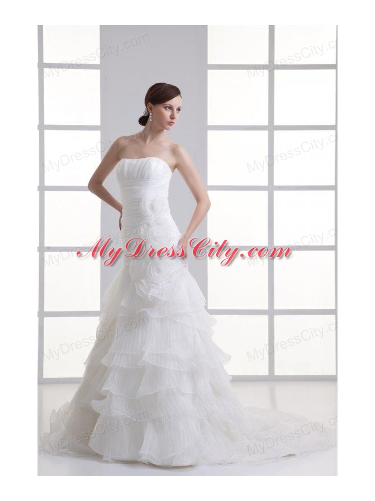 Strapless Hand Made Flowers Ruffled Layers Ruching Court Train Wedding Dress