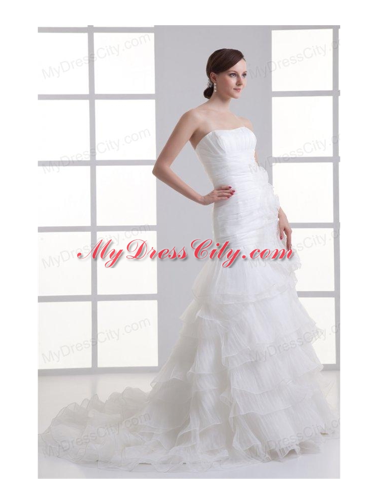 Strapless Hand Made Flowers Ruffled Layers Ruching Court Train Wedding Dress